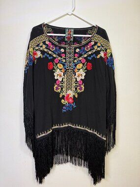 Johnny Was Embroidered Fringe Poncho Top | Black Floral Boho